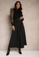 Spódnice - Czarna Spódnica z Wiskozą o Rozkloszowanym Kroju z Paskiem i Gumką w Talii Prianna - miniaturka - grafika 1