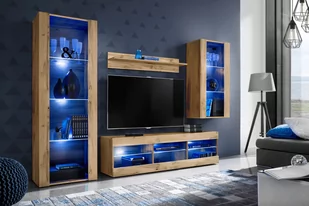 Meblościanka /Blue LED/ BIAŁY / Czarny / Dąb Wotan - Meble do sypialni - miniaturka - grafika 1