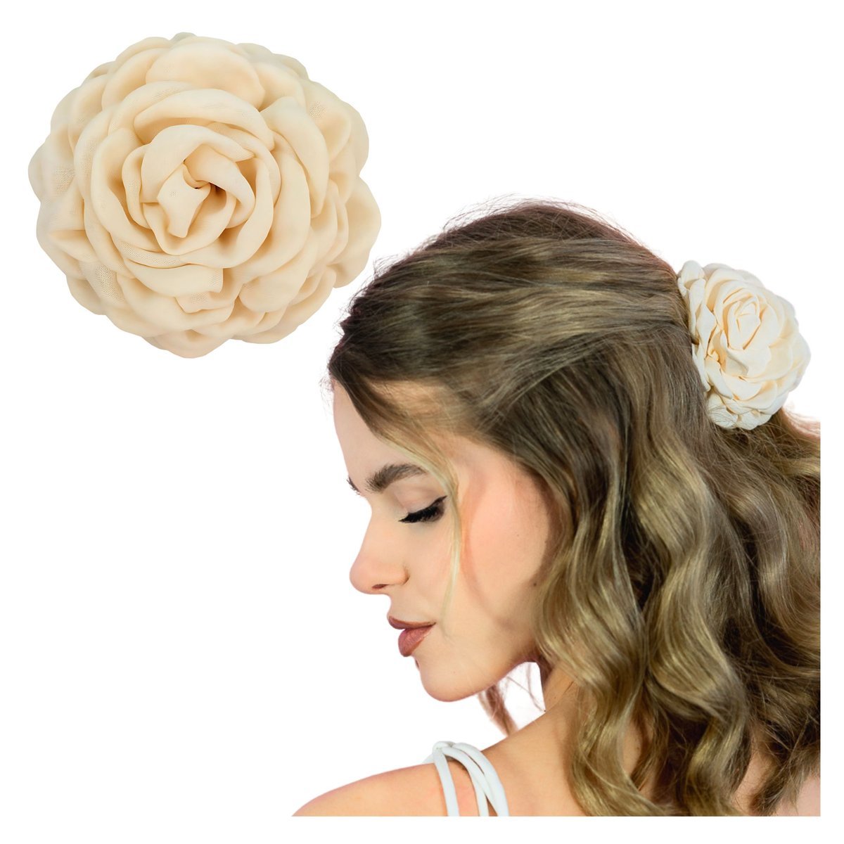 Klamra do Włosów Beżowa Duża Kwiat Róża Bezpieczna Spinka Lekka i Efektowna