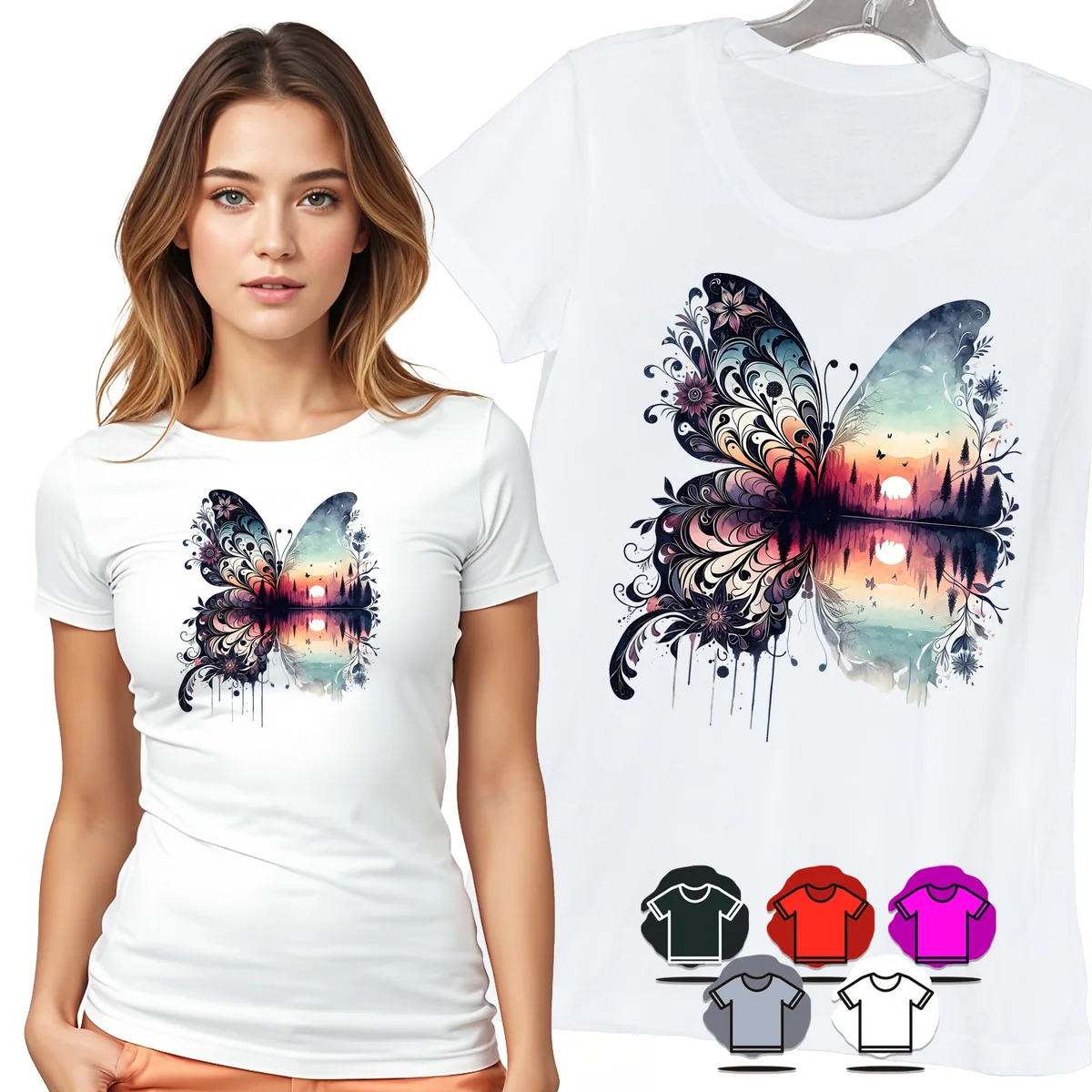 KOSZULKA DAMSKA T-SHIRT - MOTYL KWIATY I JEZIORO KOLOROWY WIDOK WZÓR - 3XL