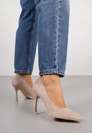 Czółenka - Ciemnobeżowe Szpilki Vices na Obcasie Typu Klepsydra ze Skórzaną Wkładką Elttime - miniaturka - grafika 1