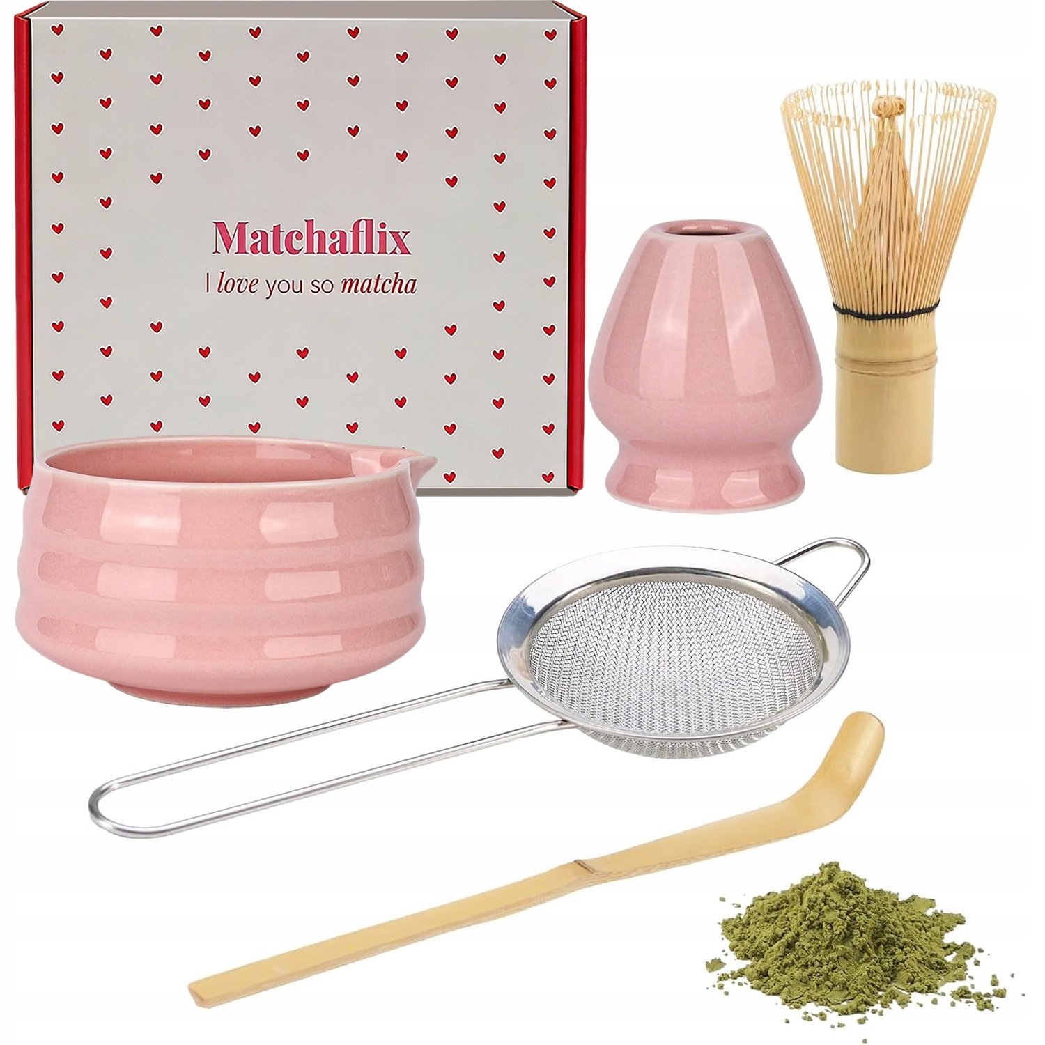 Akcesoria do Robienia Matchy, Zestaw do Matcha z Miską Ceramiczną -różowy