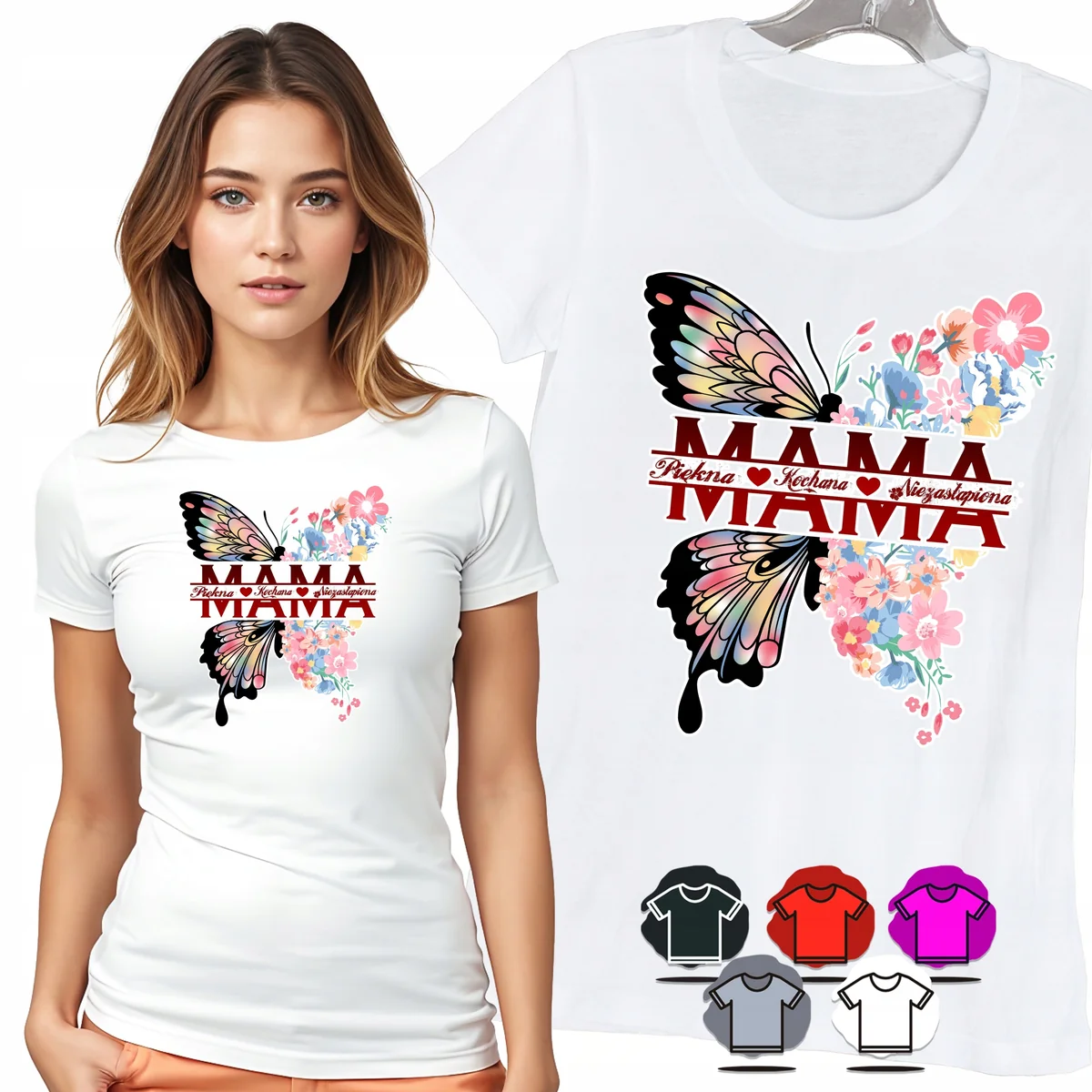 KOSZULKA DAMSKA T-SHIRT - MAMA PIĘKNA KOCHANA MOTYL KWIATY WZÓR MODA - L