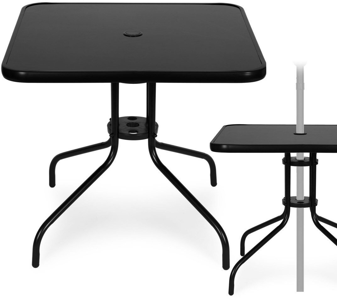 Goodhome Stolik ogrodowy kwadratowy 80 cm szkło hartowane otwór na parasol czarny MultiGarden EDUKAMP