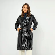 Płaszcze damskie - Damski płaszcz z ekoskóry dwurzędowy czarno - srebrny - miniaturka - grafika 1