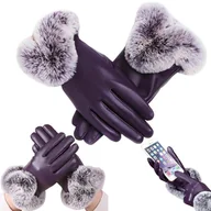 Rękawiczki - Rękawiczki Zimowe Damskie Dotykowe Ocieplane Z Futerkiem Ekoskóra Fioletowe - miniaturka - grafika 1