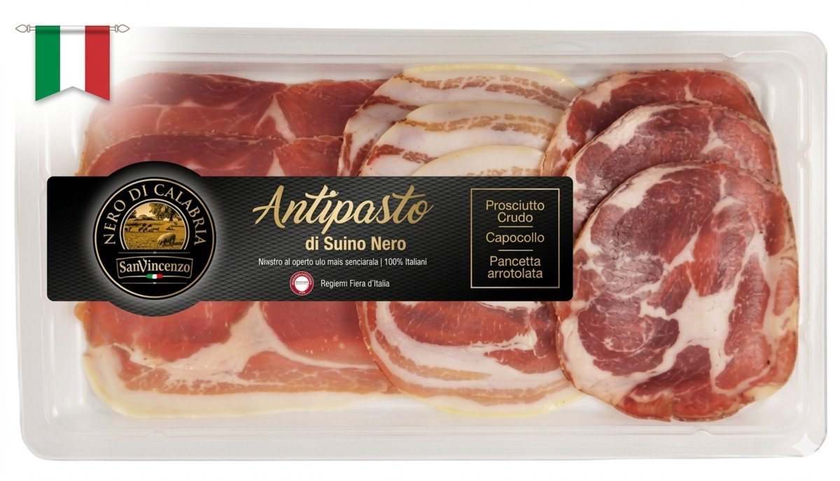 Mix wędlin Antipasto z czarnej świni w plastrach Prosciutto, Pancetta, Capocolla 90g - San Vincenzo