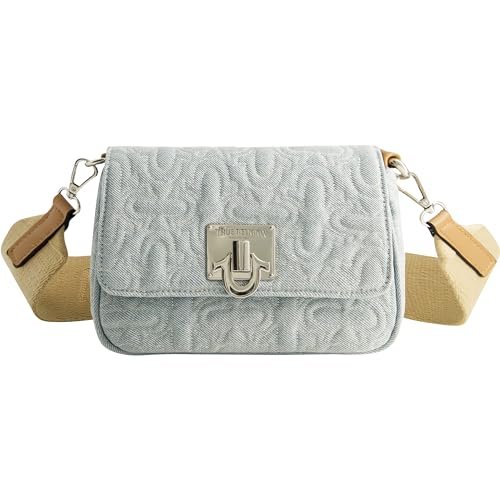 True Religion Damska torba crossbody, pikowana torebka dżinsowa z regulowanym, odpinanym paskiem na ramię, jasnoniebieski
