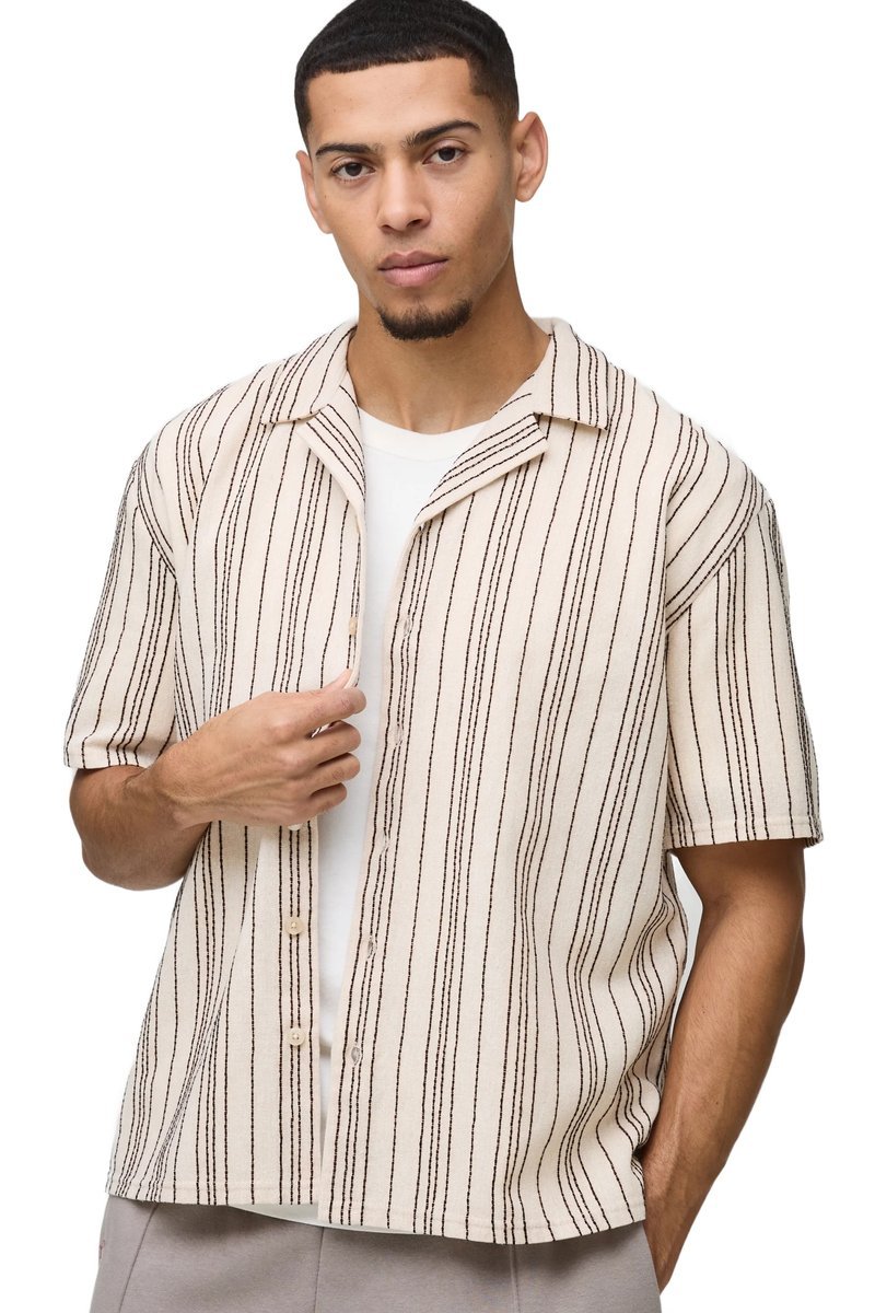 BOOHOOMAN MĘSKA KOSZULA ELEGANCKA BEŻOWA W PASKI KRÓTKI RĘKAW XS Z3A*