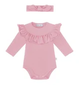 Body dla niemowląt - Zestaw body z falbanką i opaska z supełkiem, brudny róż - 80 - miniaturka - grafika 1
