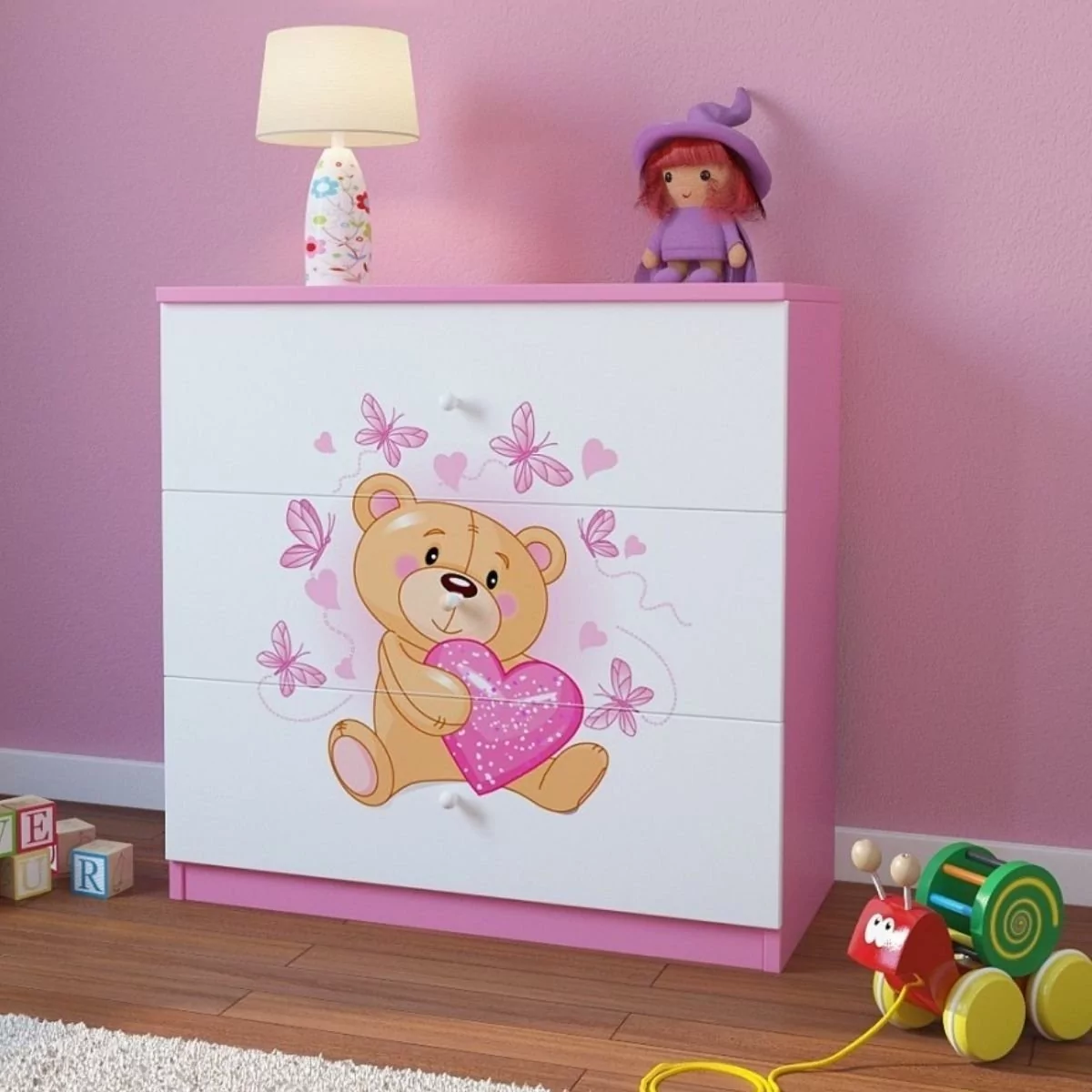KocotKids Komoda do pokoju dziecięcego, babydreams, miś z motylkami, 81 cm, różowa