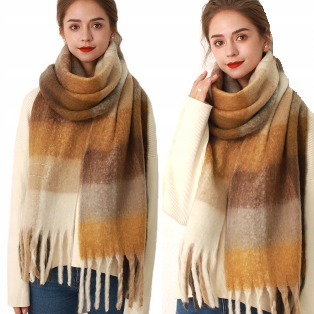 Duży Ciepły Szal Gruby Elegancki Szalik Damski W Kratę Modny Chusta Kolor Beż