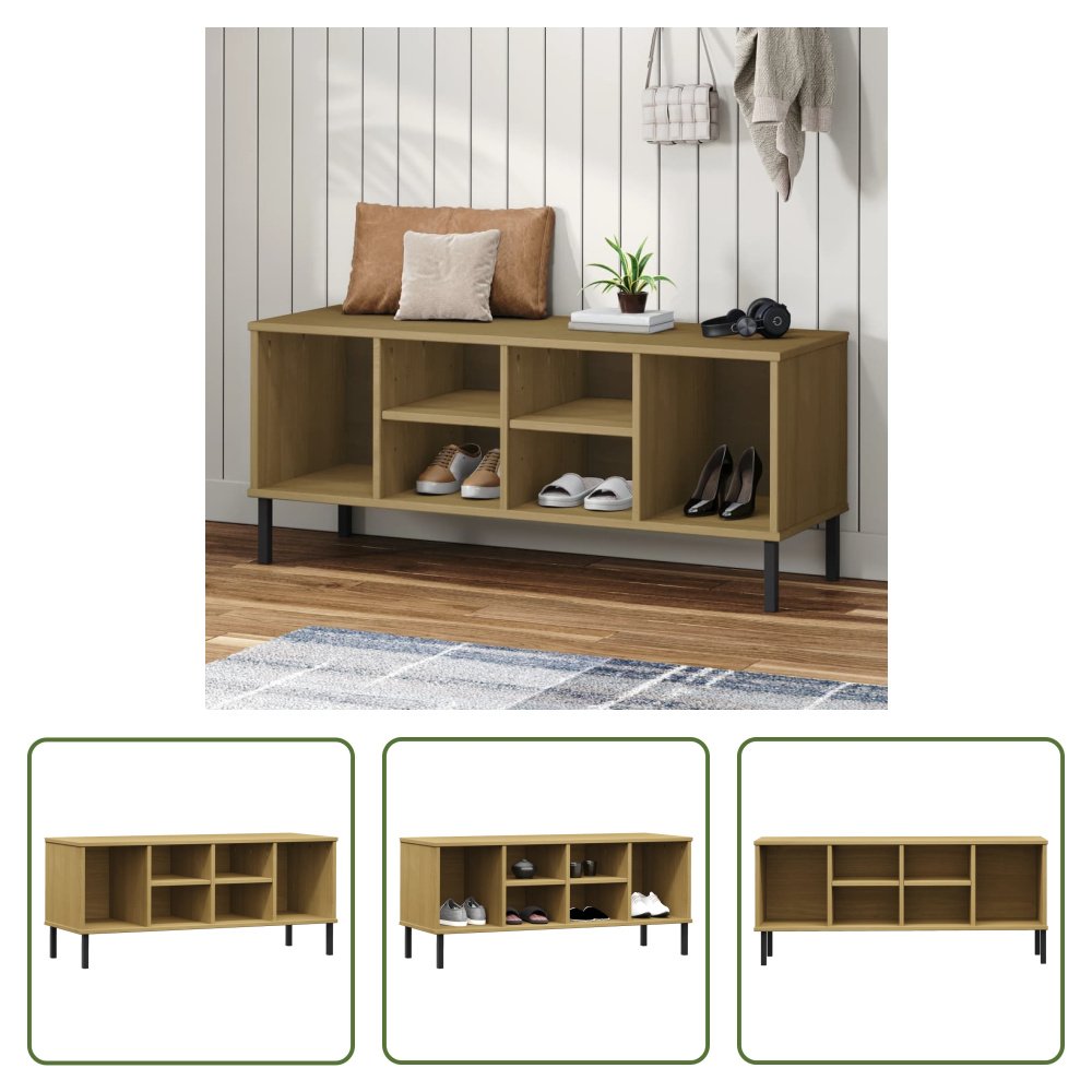 The Living Store Stojak na buty OSLO z metalowymi nogami Brązowy 106x35x45 cm lite drewno