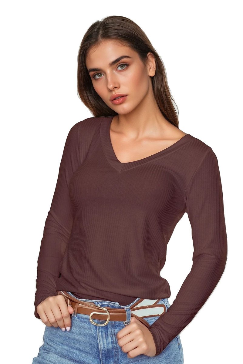 Koszulka damska z długim rękawem z prążkowanej wiskozy Eleonor czekolada 3XL