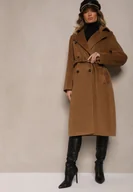 Płaszcze damskie - Brązowy Płaszcz Dwurzędowy o Długim Kroju Ozdobiony Paskiem Senadriel - miniaturka - grafika 1