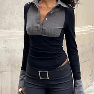 Koszule damskie - TEMU Modna damska koszulka polo z długim rękawem w paski - czarno-szara, dopasowana, styl vintage, idealna na codzienne i formalne wyjścia, styl - miniaturka - grafika 1