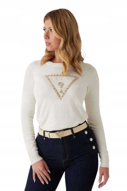 GUESS BIAŁY DOPASOWANY SWETER Z OZDOBNYM LOGO I DŁUGIM RĘKAWEM S 12CB