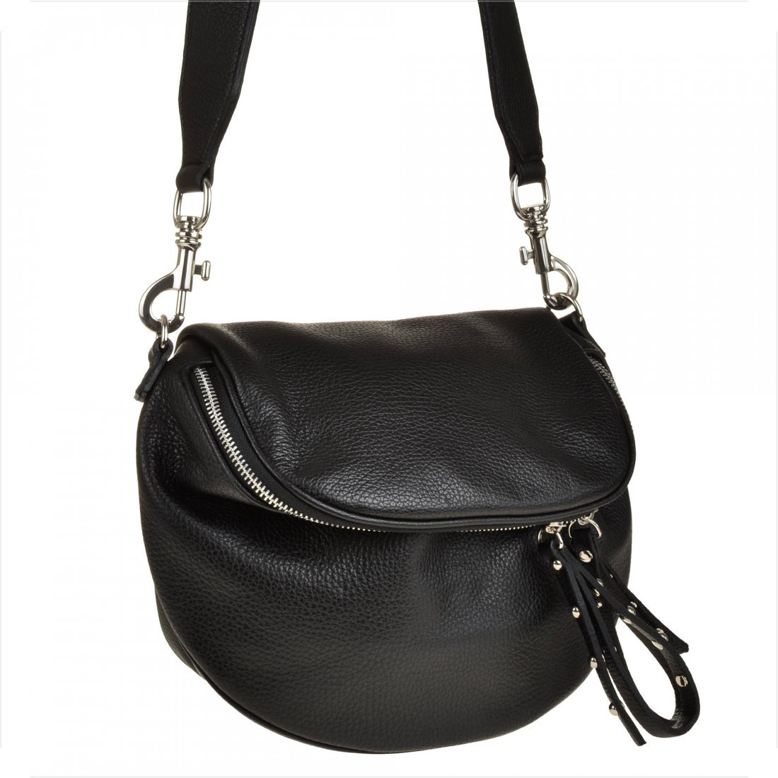 Lekka skórzana czarna listonoszka z szerokim paskiem.