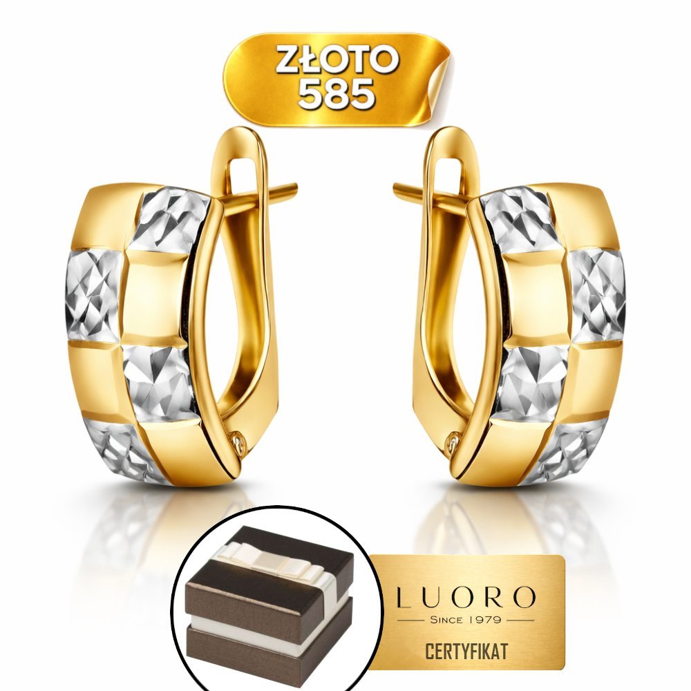 KOLCZYKI ZŁOTE 585 14K DIAMENTOWANE KWADRATY 1,2 CM ZAPIĘCIE ANGIELSKIE