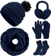 Czapki damskie - ZESTAW ZIMOWY 5 w 1 CZAPKA KOMIN RĘKAWICZKI SKARPETKI NAUSZNIKI GRANATOWE - miniaturka - grafika 1