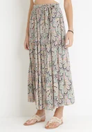 Spódnice - Miętowa Spódnica Maxi z Wiskozy z Gumką w Pasie w Kwiaty Maizla - Born2be - miniaturka - grafika 1