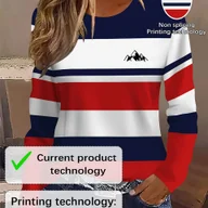 Bluzki damskie - TEMU Druk 2D, modny, elegancki, abstrakcyjny obraz z czerwonymi, białymi i niebieskimi kolorowymi blokami w paski, oddychająca koszulka z długim - miniaturka - grafika 1