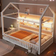 Łóżka dla dzieci i młodzieży - Metalowe łóżko dziecięce 90 x 200 cm - z motywem domku - z barierką - z oświetleniem LED - białe (materac nie jest wliczony w cenę) (w zestawie) - miniaturka - grafika 1