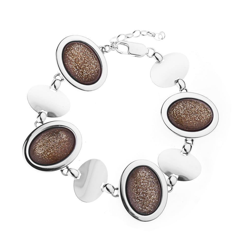 Srebrna bransoletka pr. 925 gładka z złotymi mieniącymi kamieniami