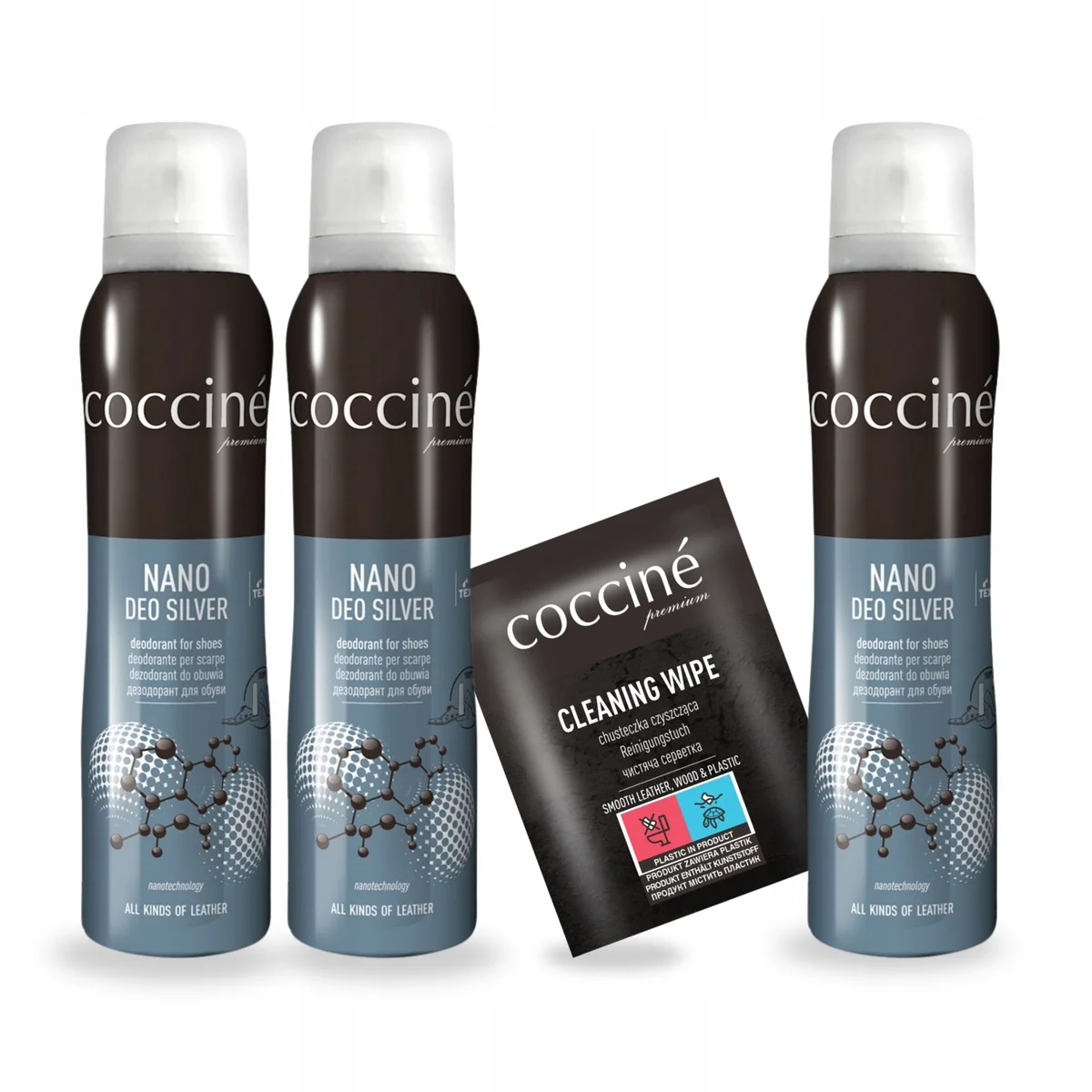 Dezodorant do Butów Nano Deo Silver x3 i Mokra Chusteczka do Skóry Zestaw