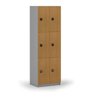 Szafki biurowe - Drewniana szafka skrytkowa, 6 schowków, zamek RFID, szary/buk - miniaturka - grafika 1