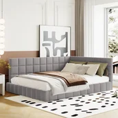 Sofy i kanapy - Flieks sofa rozkładana 140x200cm, łóżko tapicerowane ze stelażem listwowym, łóżko młodzieżowe, łóżko dziecięce z podłokietnikami i oparciem, łóżko dwuosobowe, aksamit, szary - miniaturka - grafika 1