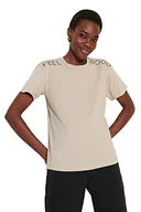 Koszulki i topy damskie - Trendyol Damska koszulka z dzianiny o regularnym kroju z okrągłym dekoltem, BEŻOWY, M - miniaturka - grafika 1