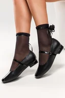 Baleriny - Czarne baleriny damskie Mary Jane z paskiem na niskim ozdobnym klocku skórzana wkładka lakierowany nosek Casu ER24WX16-B - miniaturka - grafika 1