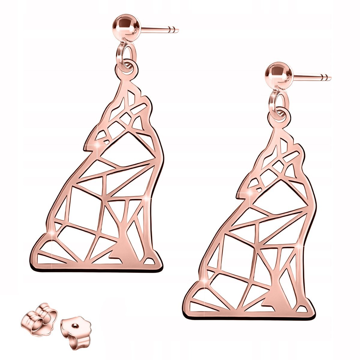 Kolczyki Pozłacane z Wilkiem Blaszka Origami Pies Wilk Zwierzę SREBRO 925