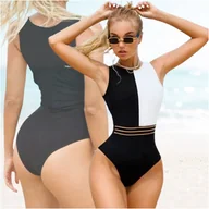 Stroje kąpielowe - Kostium kąpielowy jednoczęściowy wyszczuplający czarno-biały XL - miniaturka - grafika 1