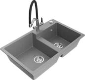 Zlewozmywaki z baterią - Mexen Tomas zlewozmywak granitowy 2-komorowy z baterią kuchenną Duo, szary - 6516-71-671701-07 - miniaturka - grafika 1