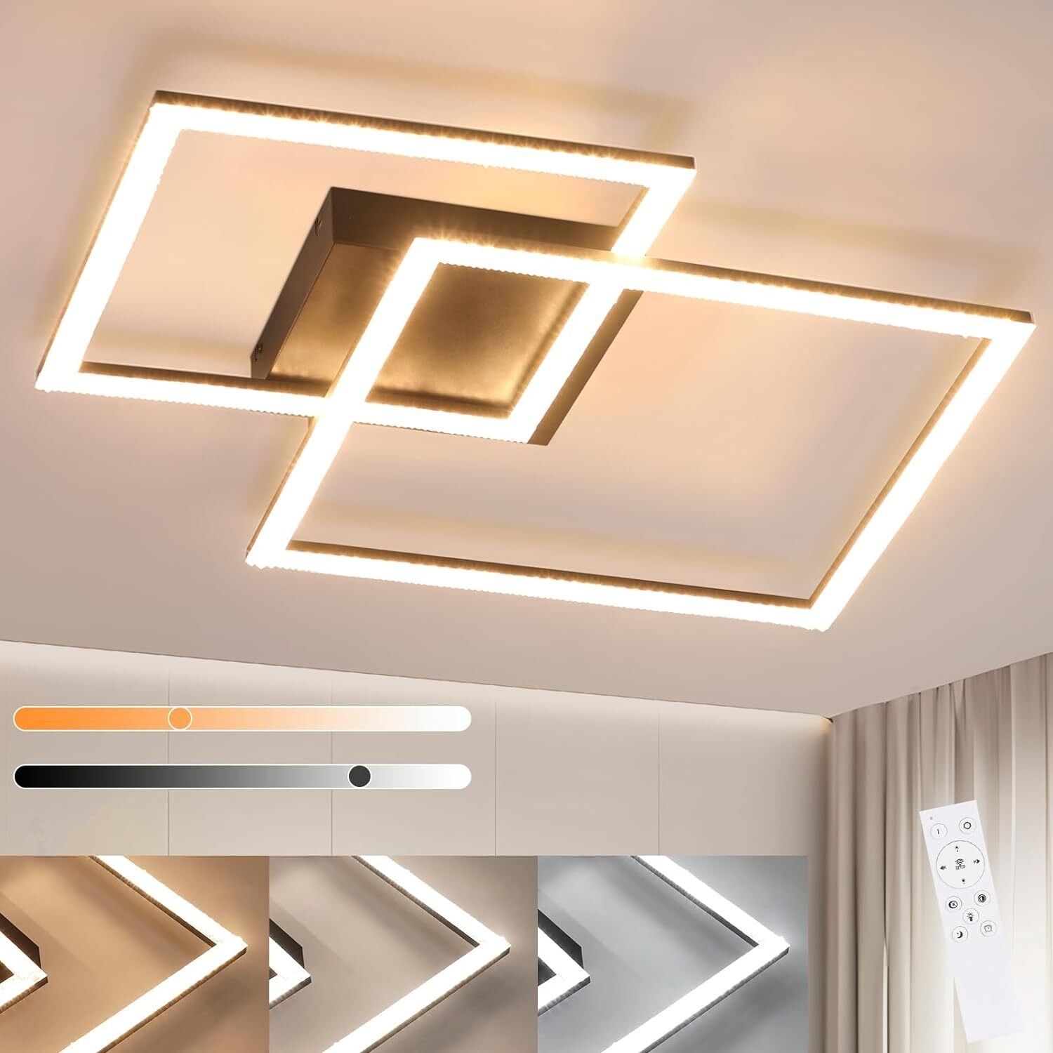 ZMH LED lampa sufitowa do salonu 54W czarna Ściemnialna nowoczesna lampa do sypialni z pilotem