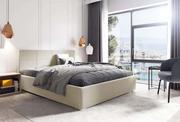 Łóżka - Łóżko tapicerowane pikowane z materacem Katia 140x200 Beżowe Metalowy Stelaż - miniaturka - grafika 1