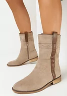 Botki damskie - Ciemnobeżowe Botki w Stylu Boho z Ozdobnym Paskiem i Haftem Olivas - miniaturka - grafika 1