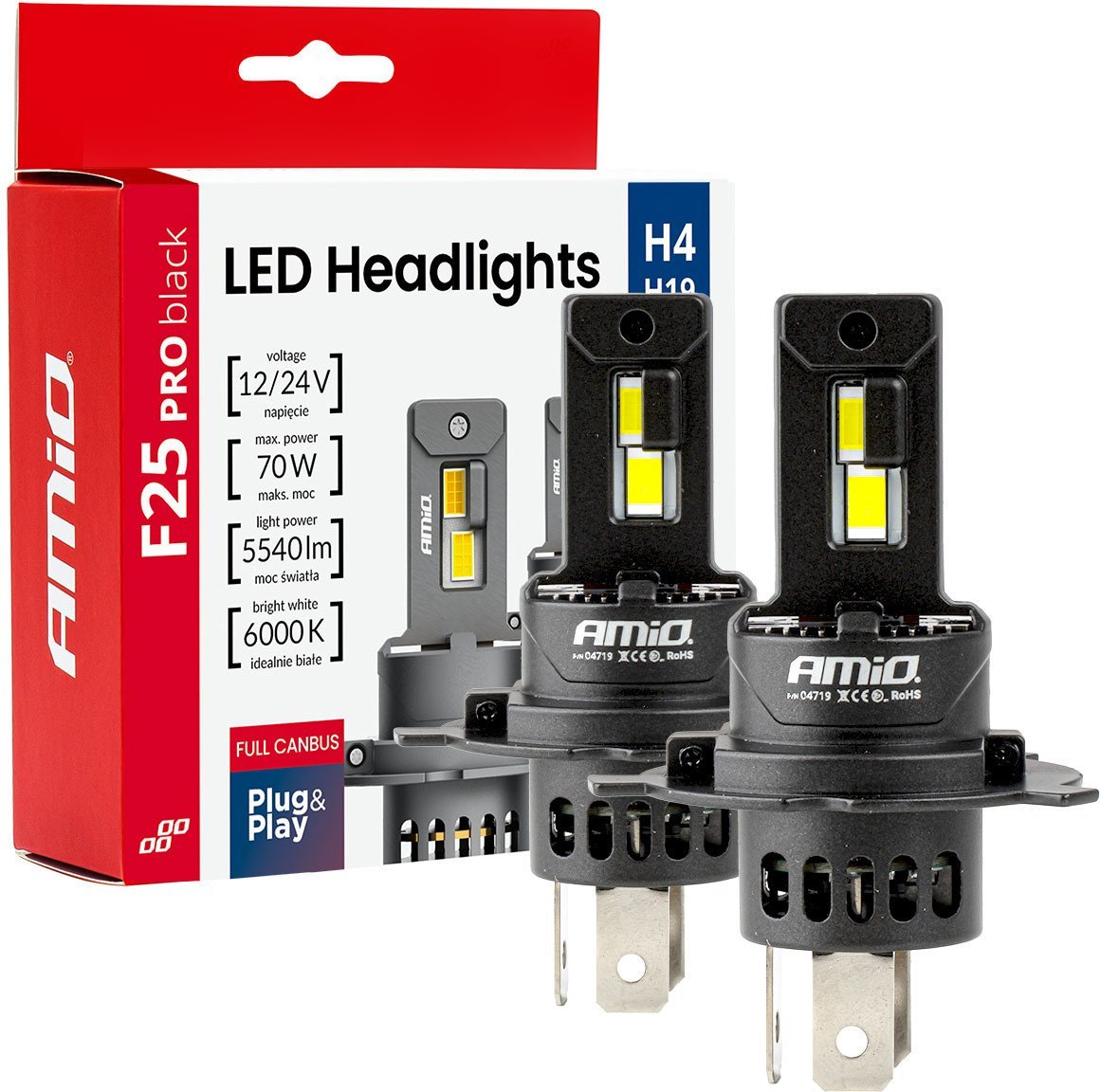 Żarówki samochodowe led seria f25 pro black full canbus h4 h19 70w 12v 24v amio-04719