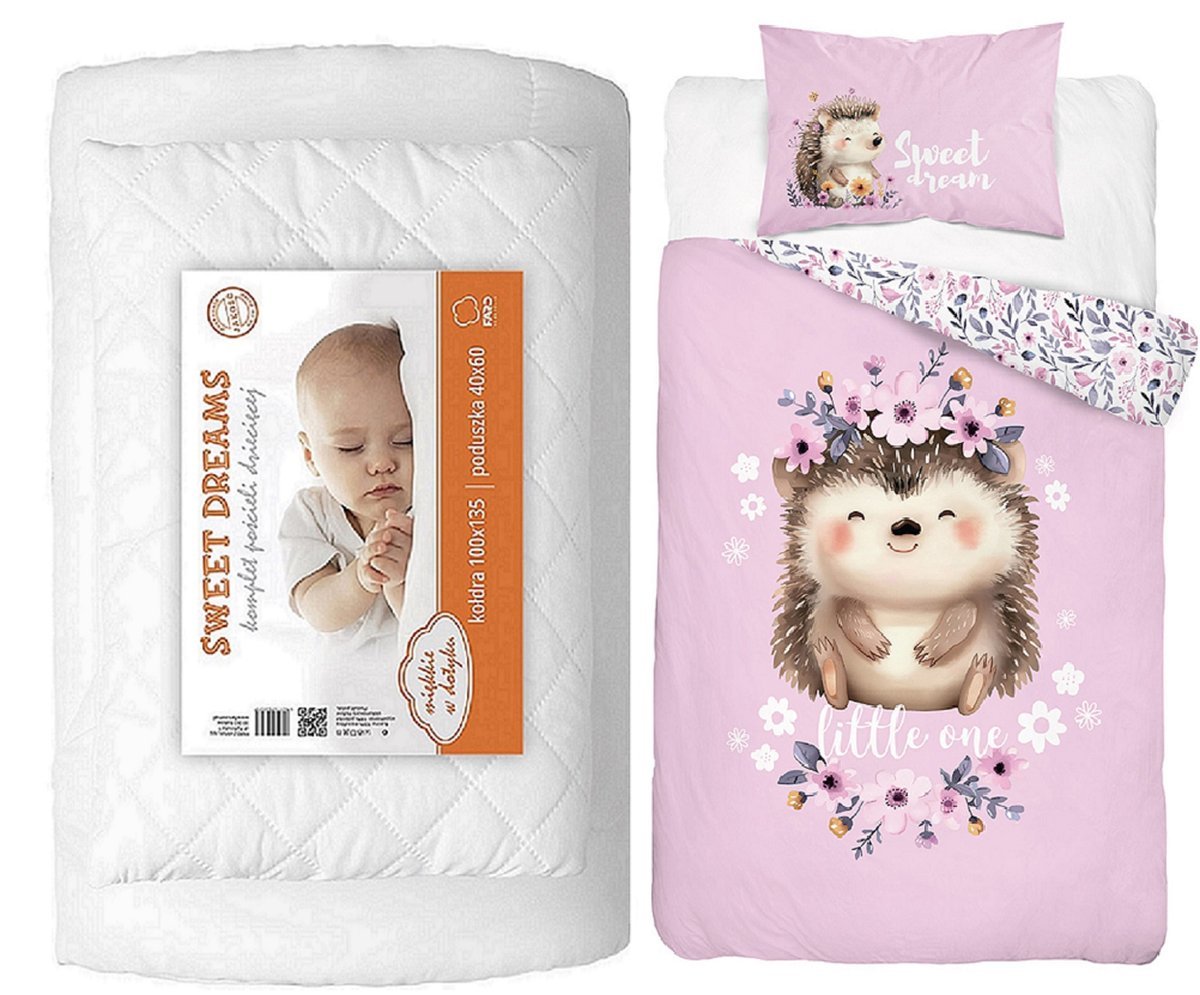 Komplet pościeli 100x135 do łóżeczka z kołdrą i poduszką wyprawka jeż na fiolecie