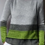 Swetry damskie - TEMU Sweter damski casualowy w kolorowe bloki - off-shoulder z długim rękawem, szaro-zielony, prążkowany, nadrukowy, do prania w pralce, modna bluzka - miniaturka - grafika 1