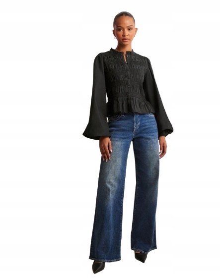 NELLY CZARNA BLUZKA Z MARSZCZENIAMI I FALBANĄ DŁUGI RĘKAW 38 DRJ