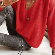 Swetry damskie - TEMU Sweter z Dekoltem w Serek dla Kobiet - Elegancki, Luźny Sweter z Długim Rękawem na Jesień/Zimę, Stylowy Pulower do Biura i Codziennych Strojów - - miniaturka - grafika 1