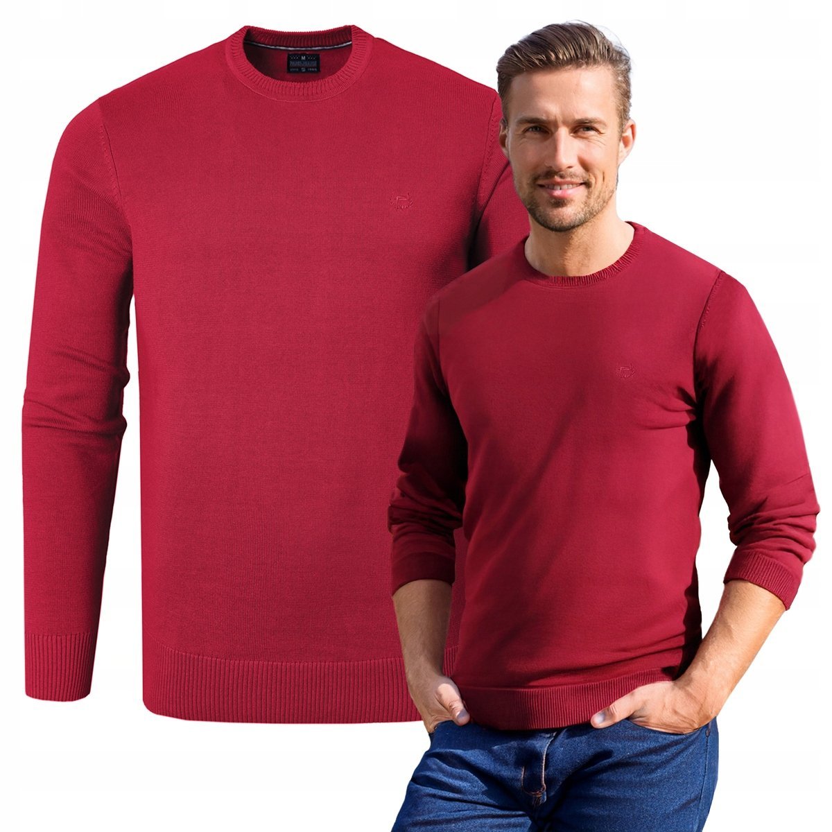SWETER Męski Klasyczny Jednokolorowy Gładki Basic CZERWONY 2XL Pako Jeans