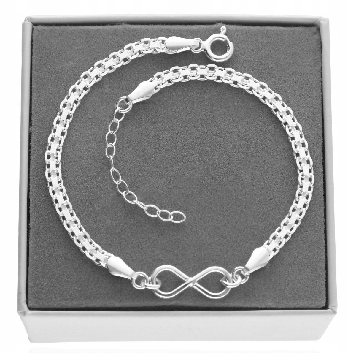 Srebrna szeroka bransoletka nieskończoność infinit