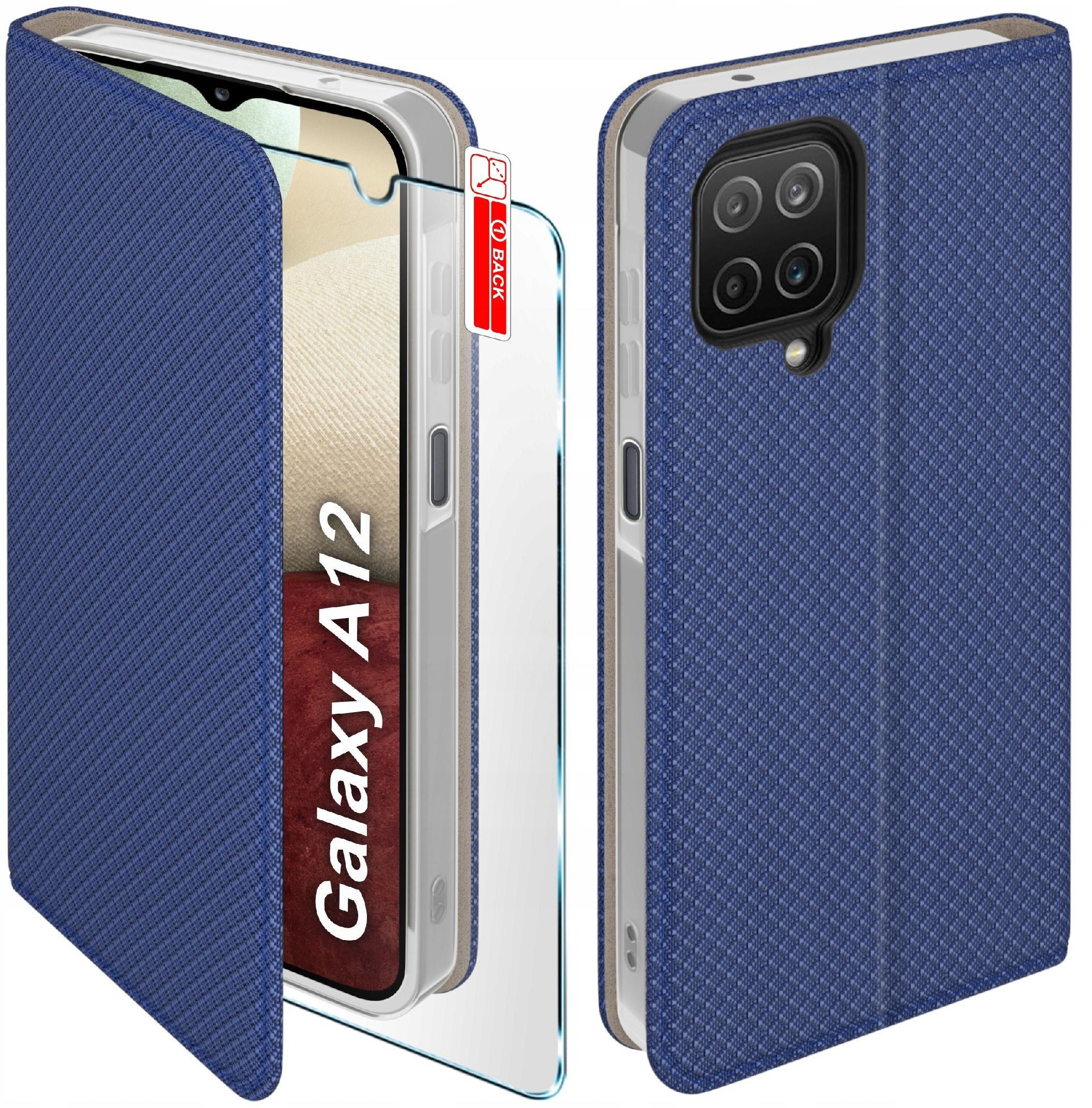 Etui z klapką do Samsung A12 M12 Zamykane Granatowe Futerał + Szkło 9H
