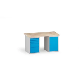 Stół warsztatowy KOVONA, 1 szafka wisząca i 5 szuflad na narzędzia, blat z drewna bukowego, 1500 mm - Stoły warsztatowe - miniaturka - grafika 1