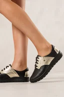 Trampki damskie - Czarne sneakersy skórzane damskie creepersy sznurowane ze złotymi dodatkami PRODUKT POLSKI Casu 10170 - miniaturka - grafika 1