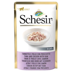 Schesir 20 + 4 gratis! w galarecie, saszetki, 24 x 85 g - Tuńczyk z kurczakiem i szynką - Mokra karma dla kotów - miniaturka - grafika 4